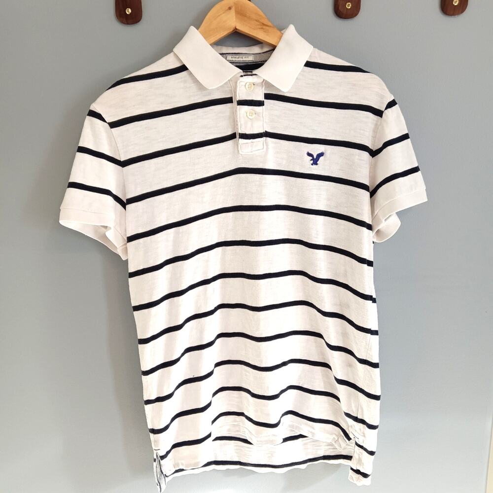 American Eagle Outfitters White Polo with Navy Stripes